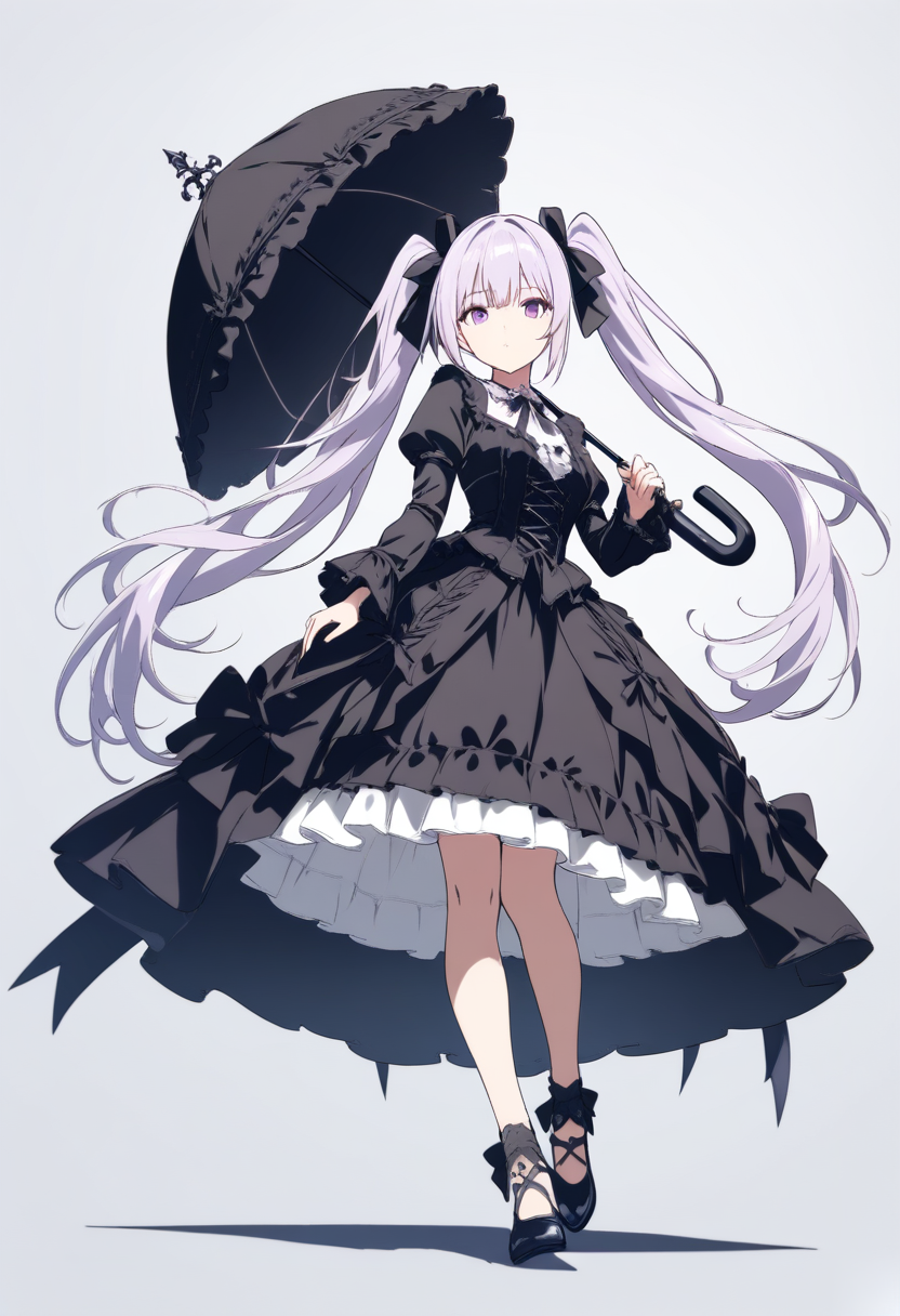 Anime coloring, silver twin tails, purple eyes, gothic lolita dress, black ribbons, holding parasol, elegant pose