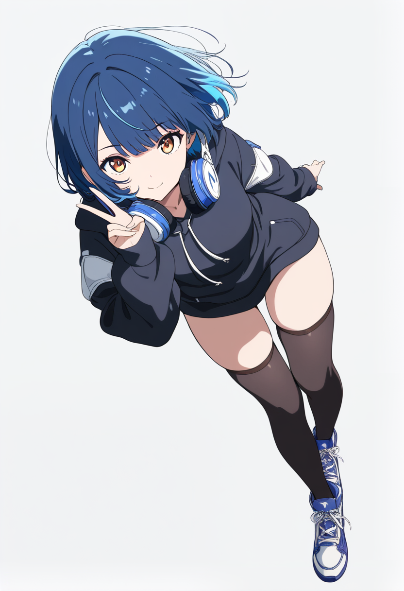 Anime coloring, short blue bob cut, amber eyes, oversized hoodie, thigh highs, headphones around neck, peace sign
