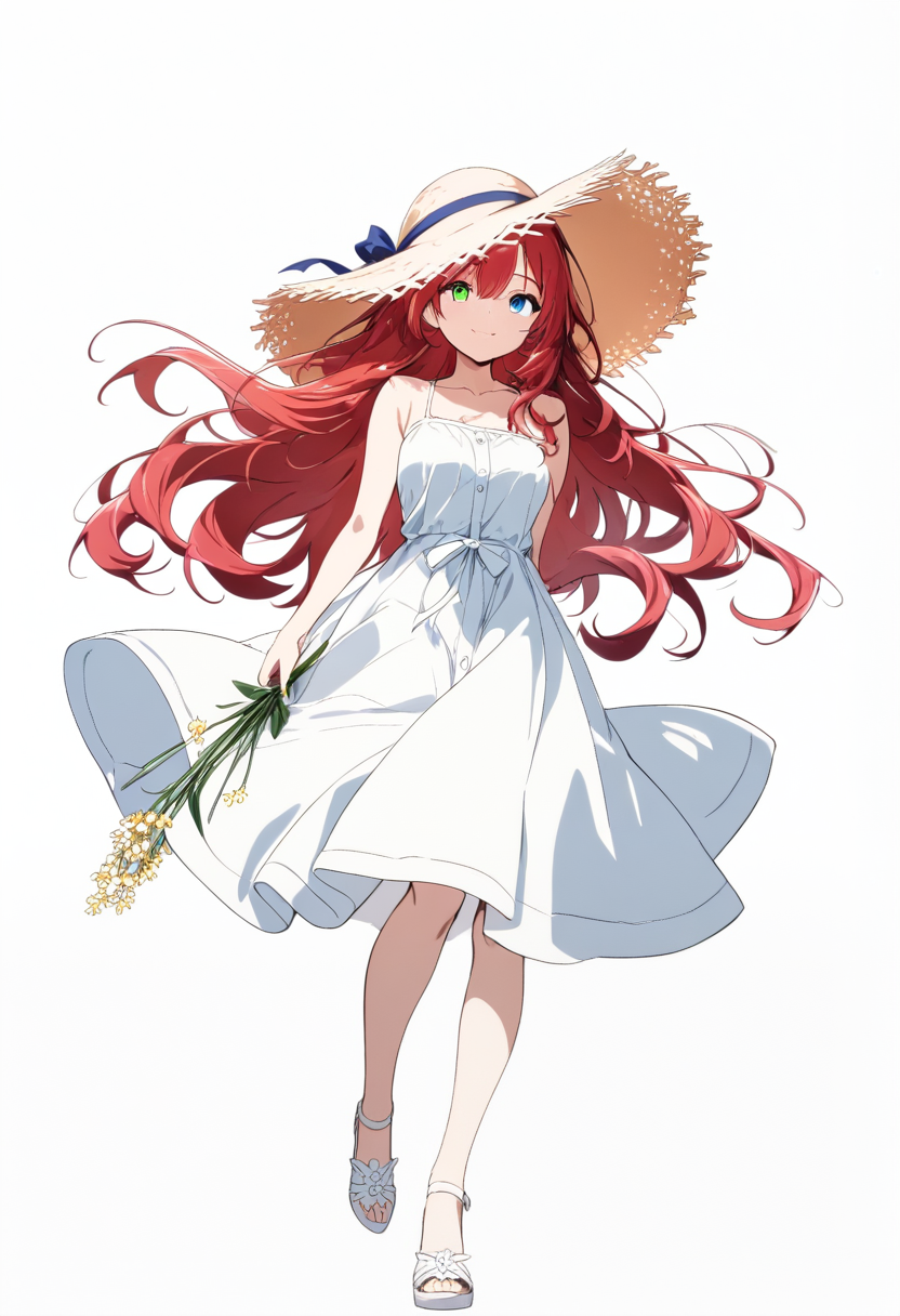 Anime coloring, wavy red hair, heterochromia, one blue eye one green eye, sundress, straw hat, holding flowers, gentle smile