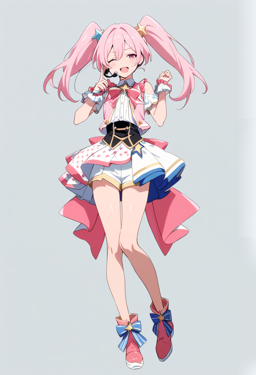 Anime coloring, character design, character sheet, long pink hair, androgynous, idol costume, star accessories, microphone headset, winking