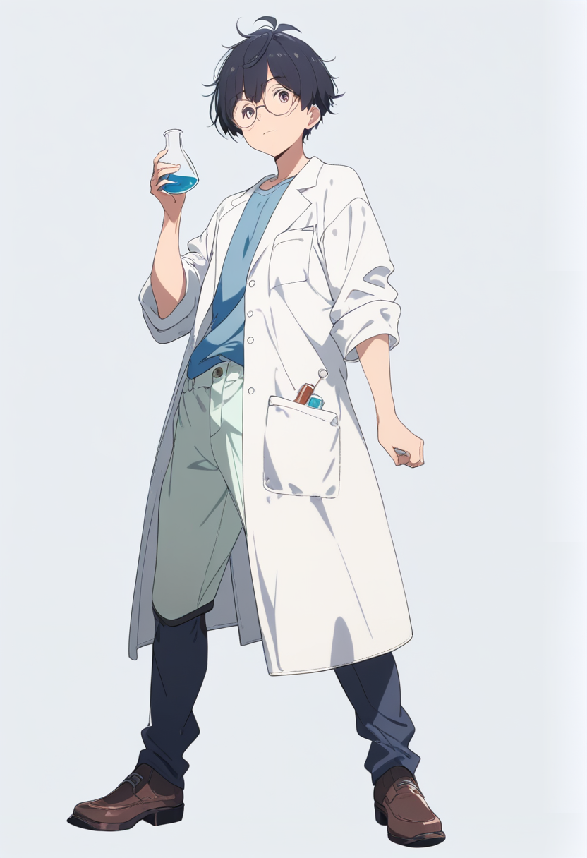 Anime coloring, character design, character sheet, round glasses, messy black hair, lab coat, rolled sleeves, holding beaker, curious expression
