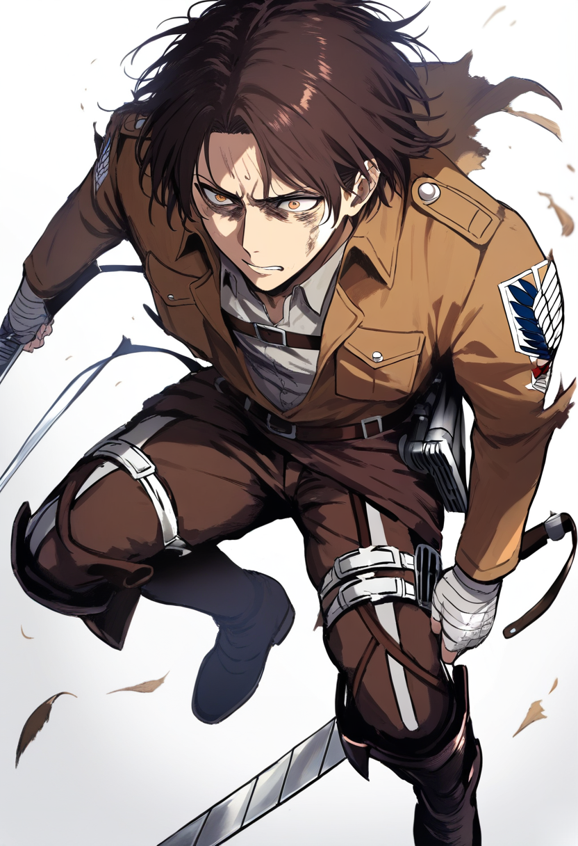 Shingeki no kyojin style, survey corps soldier, messy brown hair, warm amber eyes, survey corps jacket worn and torn, odm gear with blades sheathed, bandaged hands, exhausted but resolute expression looking upward