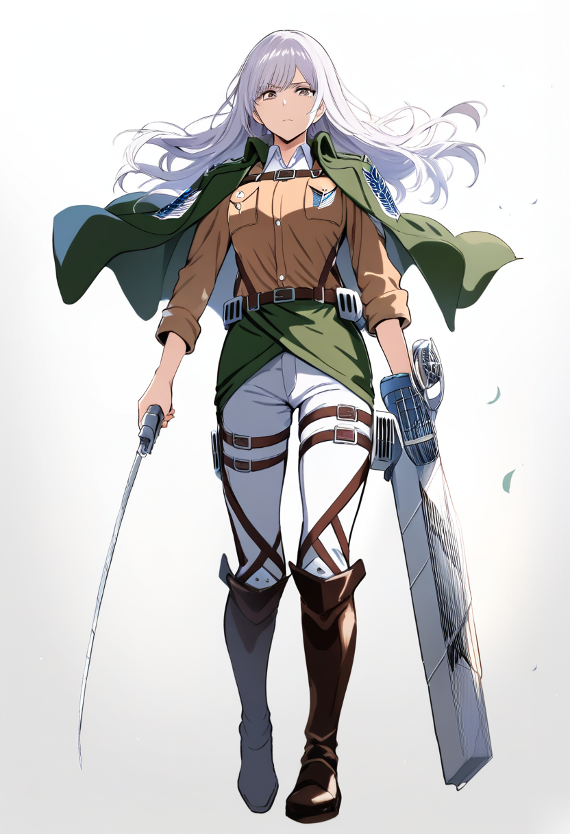 Shingeki no kyojin style, survey corps soldier, wavy silver hair to shoulders, dark brown eyes, survey corps jacket with rolled sleeves, odm gear, carrying wounded comrade pose implied by extended arm, protective urgent expression