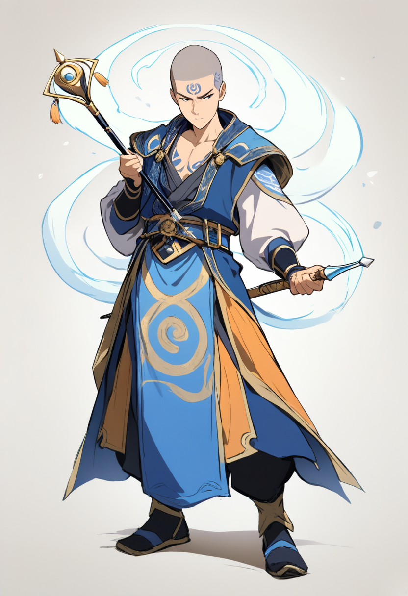 Isang firebender girl na may madilim na buhok sa bun, pula at itim na Fire Nation outfit, high kick pose na may apoy na umiikot sa paligid niya