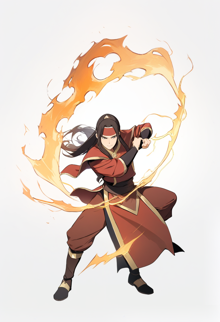 Isang Water Tribe warrior boy na may maitim na balat, madilim na buhok na naka-wolf tail, asul na fur-lined parka, nag-be-bend ng tubig sa combat stance