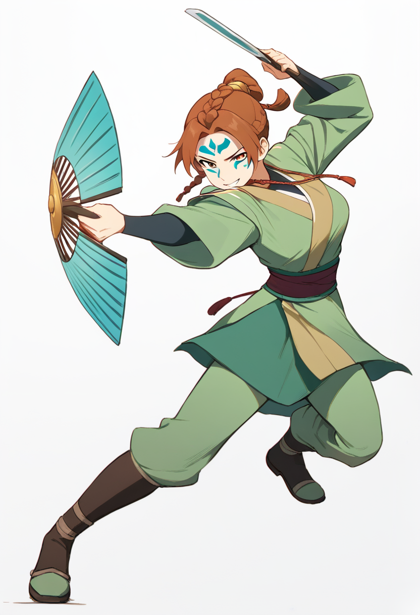 Isang Kyoshi Warrior na may pulang buhok at puti-pulang face paint, straw hat, berdeng kimono armor, humahawak ng gintong mga pamaypay sa battle pose