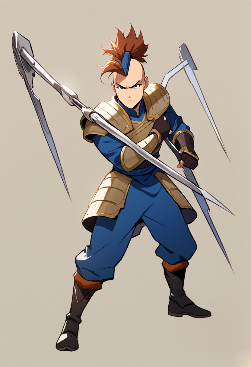 Isang malakas na earthbender man sa berde at dilaw na Earth Kingdom robes, maitim na balat, earth gauntlets, dinudurog ang mga bato sa power stance