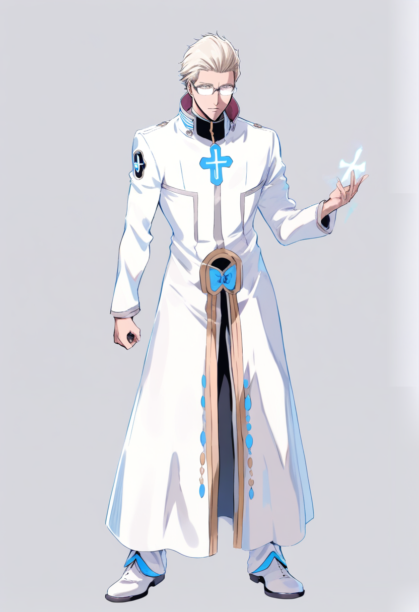 Bleach style, quincy, neat slicked back platinum blonde hair, blue eyes behind frameless glasses, white quincy uniform with blue cross motif, reishi bow manifested in hand, composed calculating expression