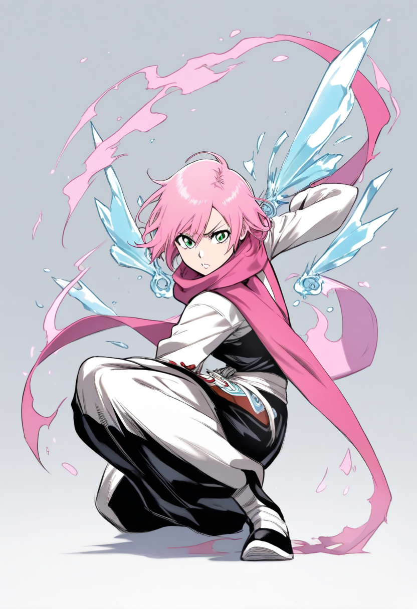 Bleach style, shinigami, messy shoulder length pink hair, cheerful green eyes, standard shihakusho with pink scarf, zanpakuto released as twin fans made of ice, playful combat stance