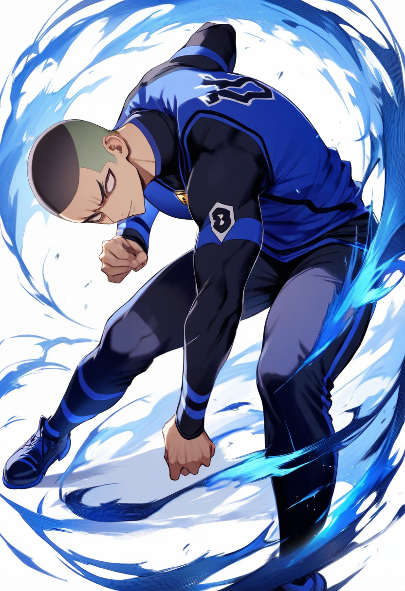 Un capitán musculoso con cabello castaño corto, camiseta azul con brazalete de capitán, brazos cruzados, pose confiada de pie