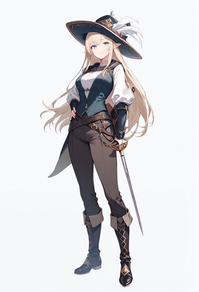 Fantasy, half-elf, long blonde hair, blue eyes, bard outfit, feathered hat, lute on back, rapier at hip, charming smile