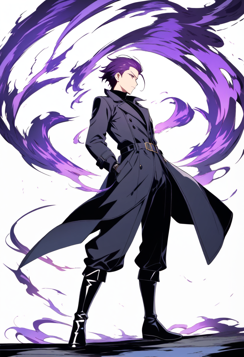 Anime coloring, slicked back purple hair, sharp features, black turtleneck, long trench coat, gloves, mysterious aura