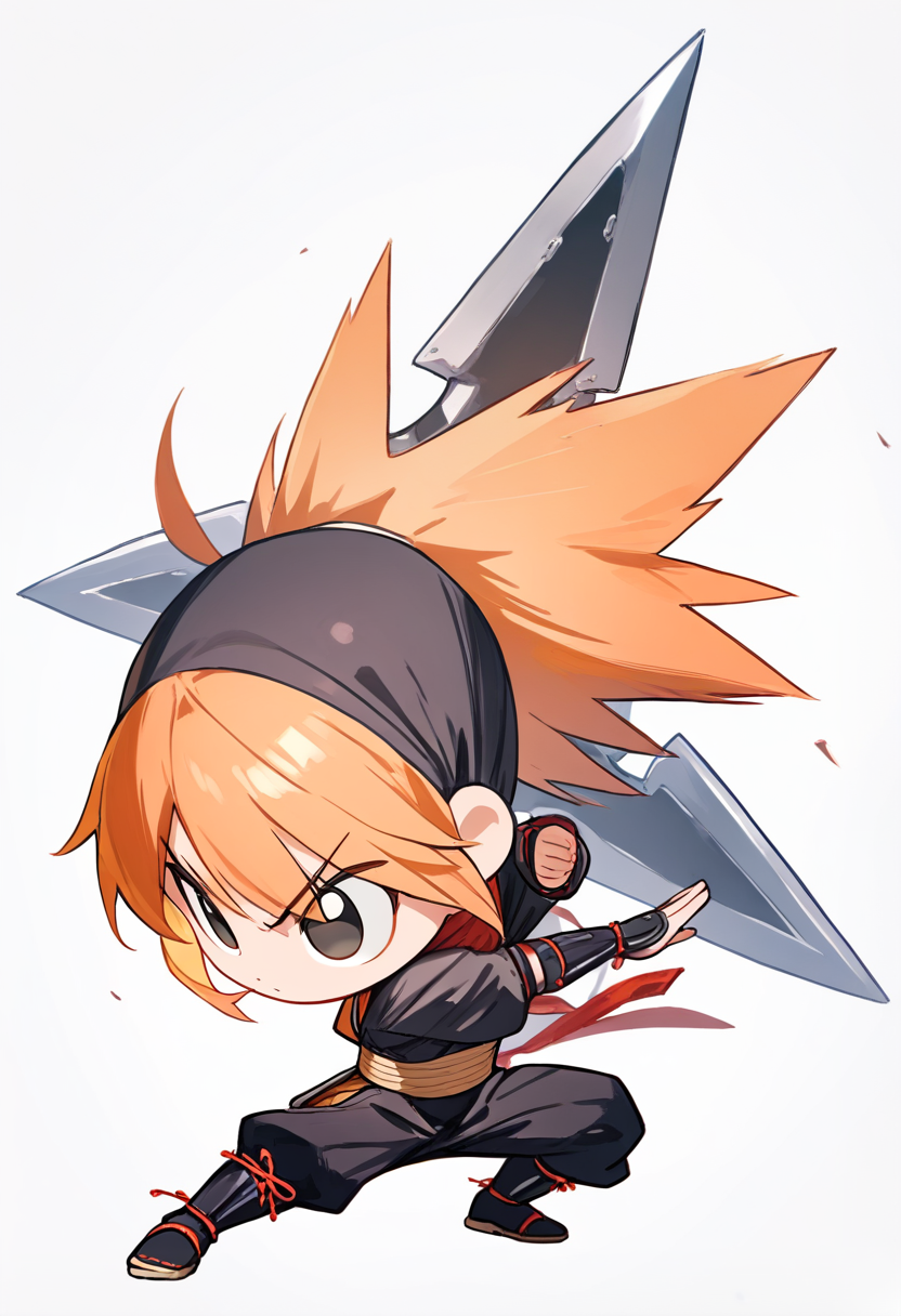 Chibi, 2heads tall, oversized head, big eyes, spiky orange hair, ninja outfit, oversized shuriken, action pose, determined face