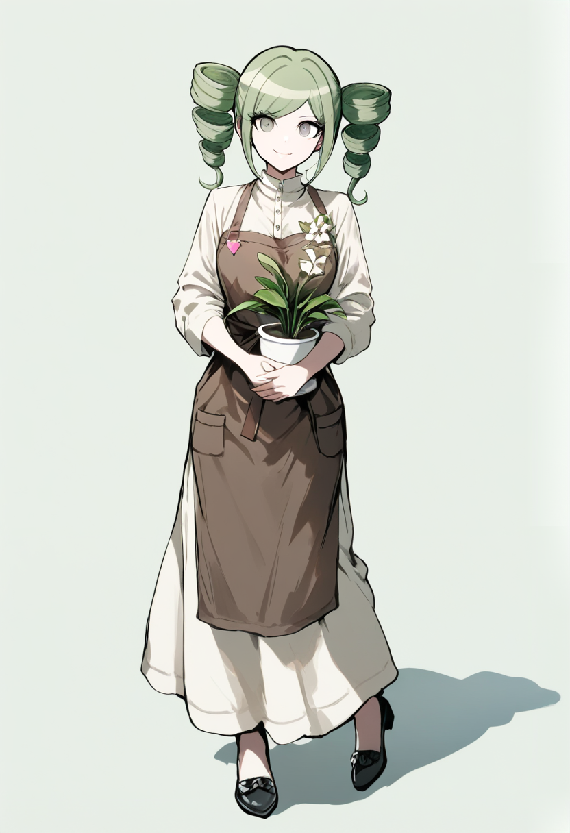 Danganronpa style, twin drills green hair, ultimate botanist, brown apron over white dress, holding potted plant, warm smile