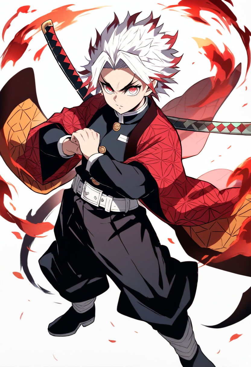 Kimetsu no yaiba style, demon slayer corps member, short spiky white hair, red eyes, black and crimson flame-patterned haori over standard uniform, dual katanas on back, battle ready pose