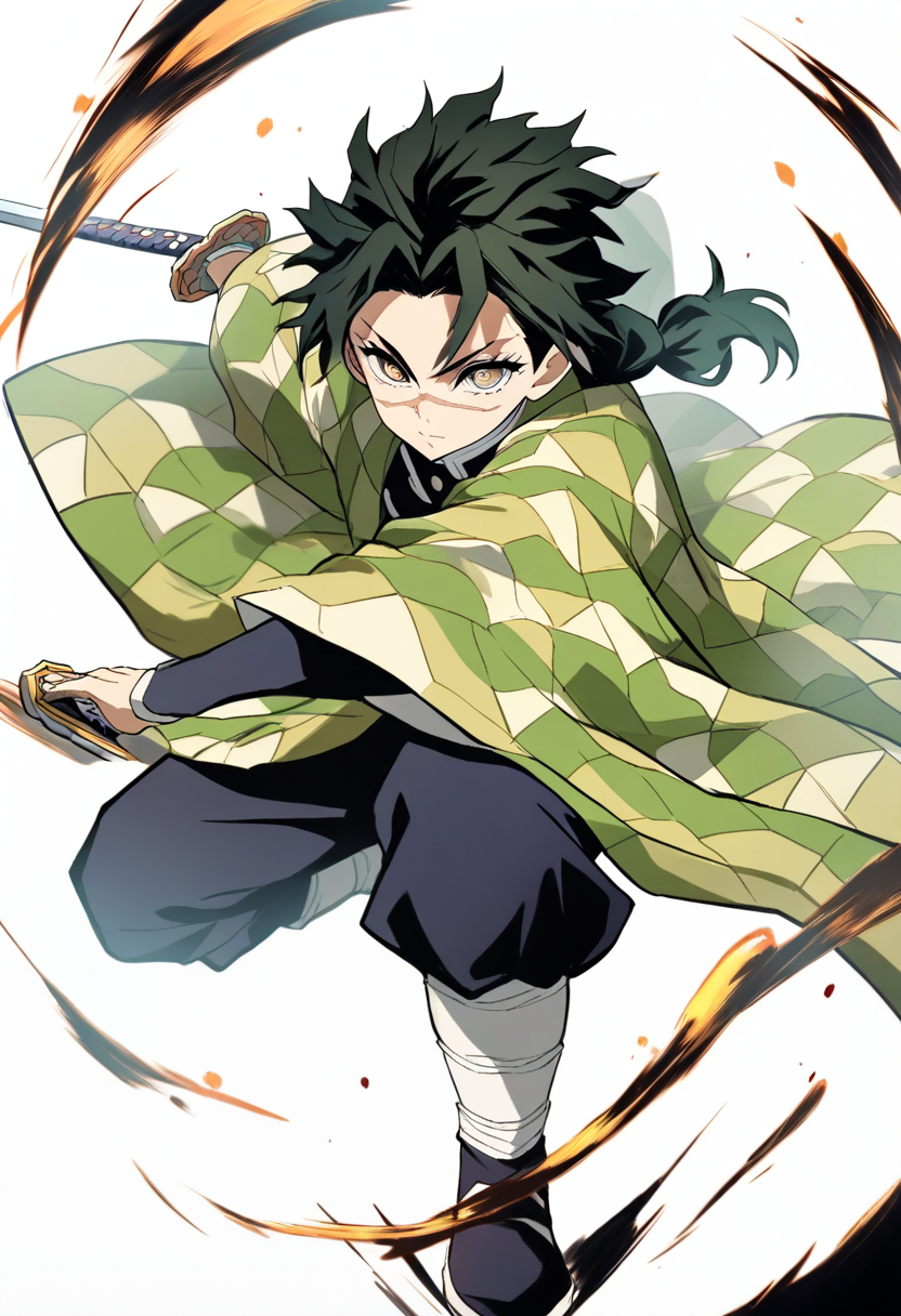 Kimetsu no yaiba style, demon slayer corps member, messy dark green hair tied in low ponytail, amber eyes, brown and olive leaf-patterned haori, katana drawn in defensive stance, scar across nose