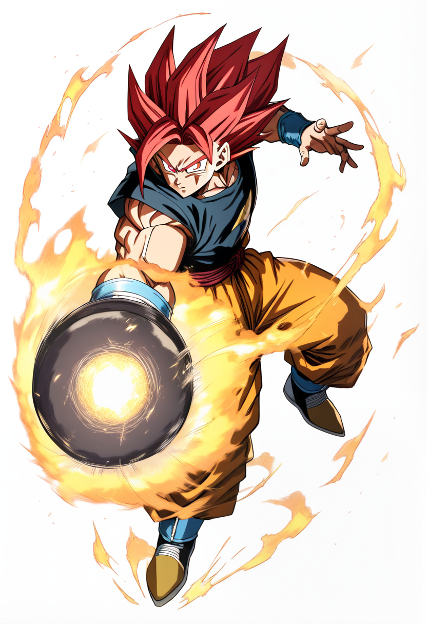Dragon ball super style, saiyan warrior, tall muscular build, wild flame-like red hair super saiyan god, sharp teal eyes, orange and black gi with weighted boots, ki blast charging in palm, fighting stance
