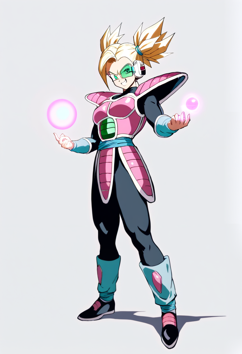 Dragon ball super style, saiyan warrior, twin tails spiky blonde hair super saiyan, emerald eyes, pink and black saiyan battle armor, scouter on left eye, power ball energy in hand, cocky grin