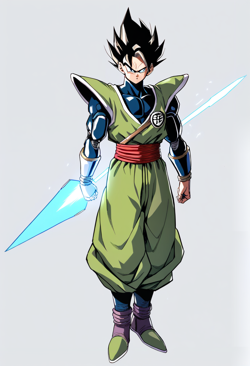 Dragon ball super style, android warrior, half mechanical face with visible circuits, one blue eye one red mechanical eye, dark green vest over black bodysuit, energy blade extending from arm, cold emotionless expression