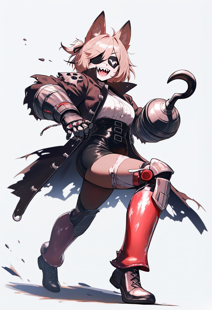 Five nights at freddys, animatronic fox girl, red and white metallic body, fox ears, hook hand, eyepatch, tattered pirate coat, sharp teeth, running pose