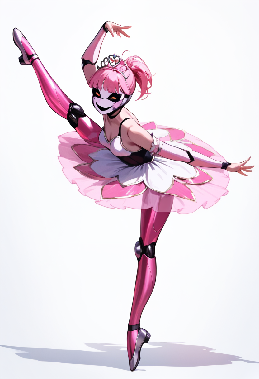 Five nights at freddys, animatronic ballerina girl, white and pink metallic body, ballet tutu, tiara, faceplates slightly open, spinning pose on one foot