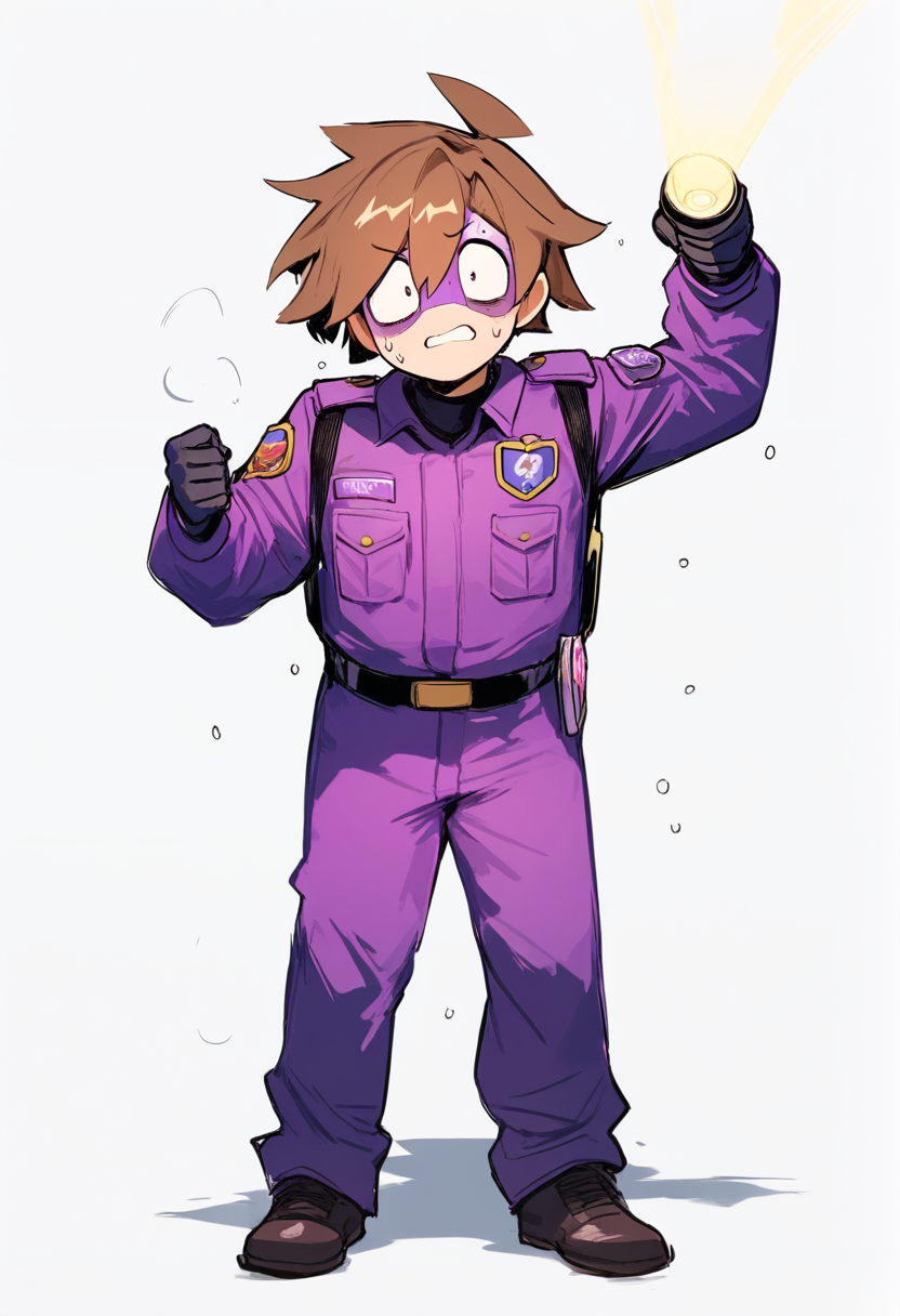 Five nights at freddys, nightguard boy, brown hair, tired eyes, purple security uniform, badge, flashlight in hand, sweat on brow, nervous defensive stance