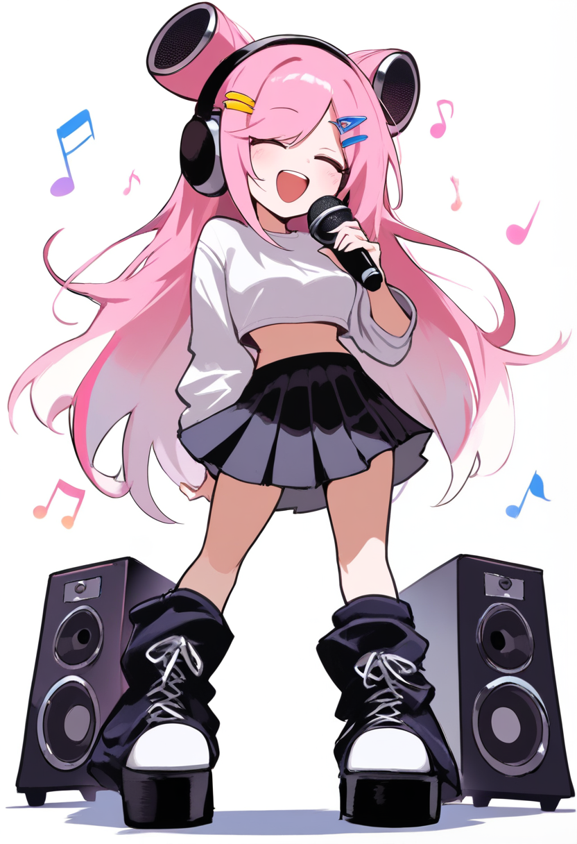 Isang babae na may rosas na twintails, sailor-style crop top, puting palda, platform boots, boombox na lumulutang sa malapit, sumasayaw na pose
