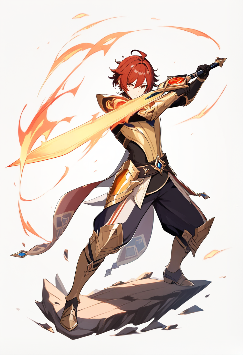 Genshin impact style, short red hair, pyro vision, black and gold armor, flaming claymore, battle ready pose