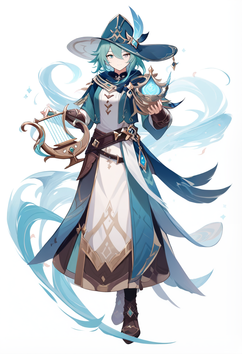 Genshin impact style, messy teal hair, anemo vision, bard outfit, feathered hat, holding lyre, wind swirling