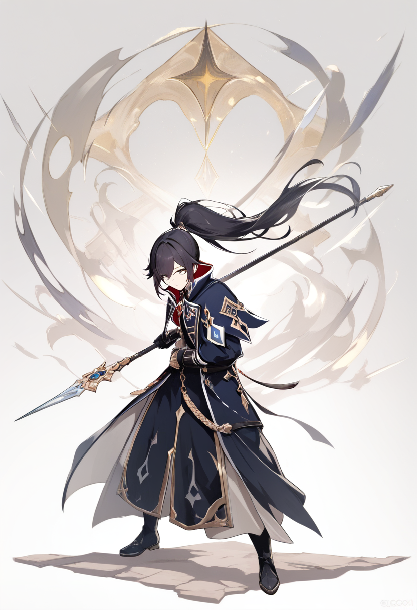 Genshin impact style, long black hair high ponytail, geo vision, brown and gold exorcist robe, stone polearm, disciplined stance