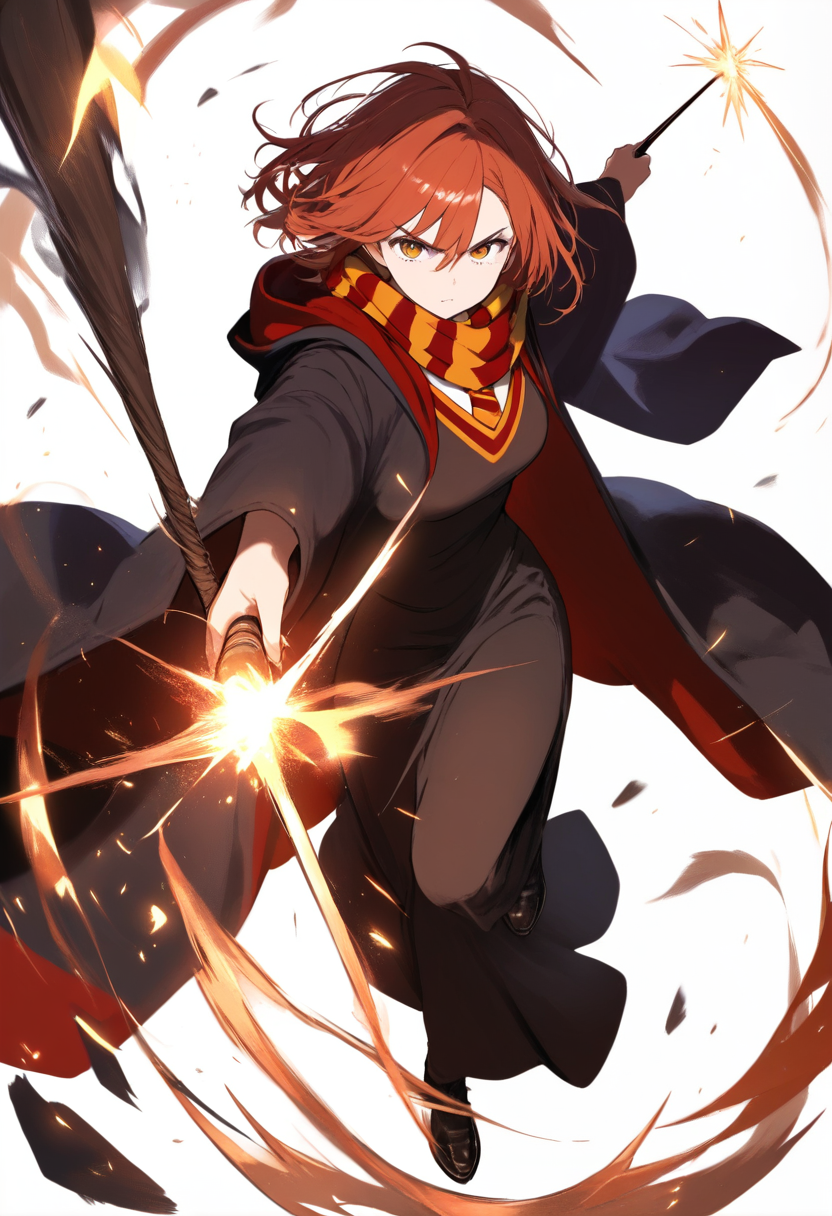 Hogwarts student OC in house robes with wand drawn