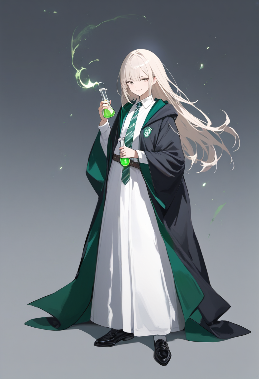 Un estudiante de Slytherin con cabello rubio platino, túnicas verdes y negras, espíritus de serpiente verde enroscándose a su alrededor, pose confiada