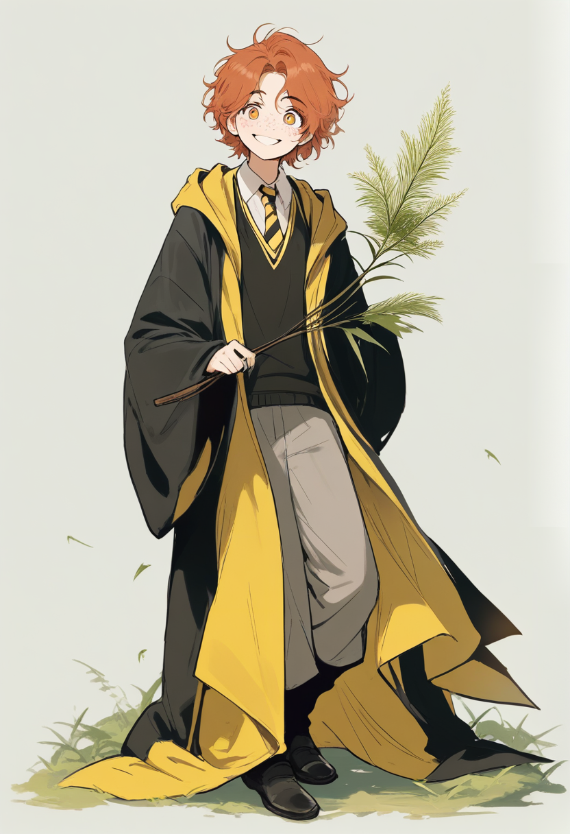 Una estudiante de Hufflepuff con cabello rizado naranja-rojo, túnicas amarillas y negras, sosteniendo flores amarillas, sonrisa gentil, arco de jardín