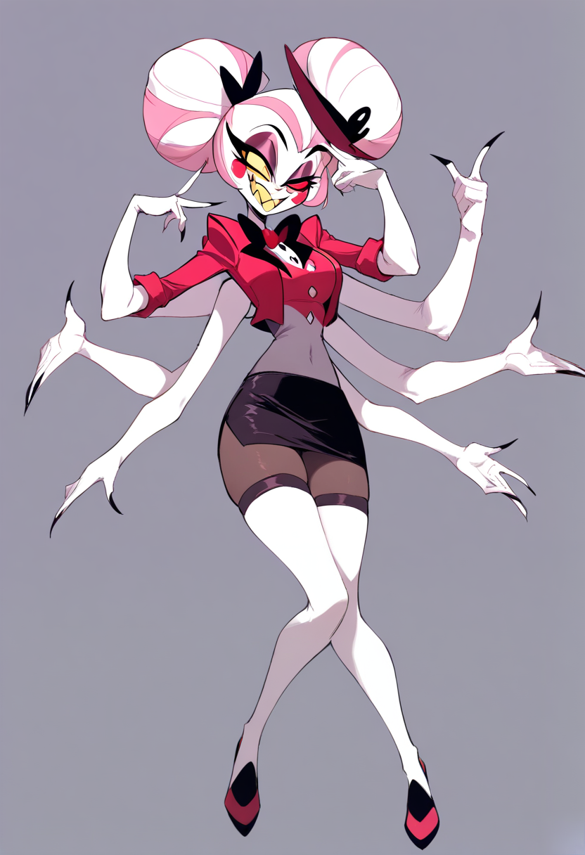 Hazbin hotel, spider demon girl, extra arms, pink and white fur, mismatched eyes, cropped jacket, miniskirt, thigh high boots, winking