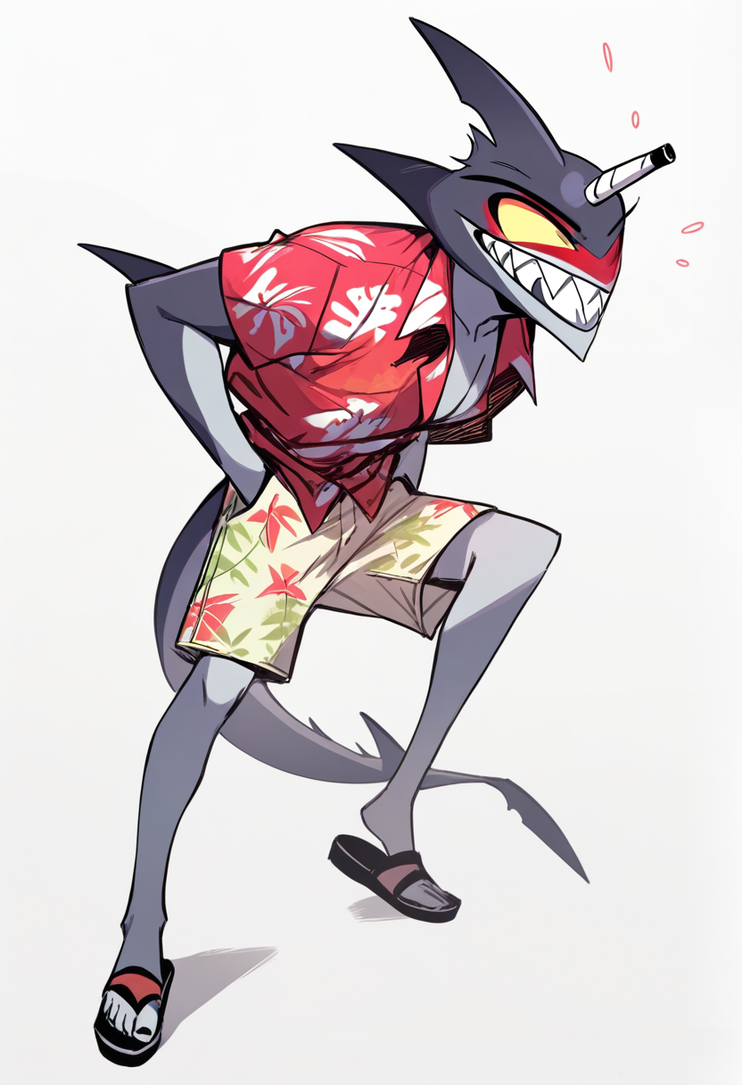 Hazbin hotel, shark demon boy, grey skin, fin on head, rows of sharp teeth, hawaiian shirt, bermuda shorts, sandals, relaxed pose with hands in pockets