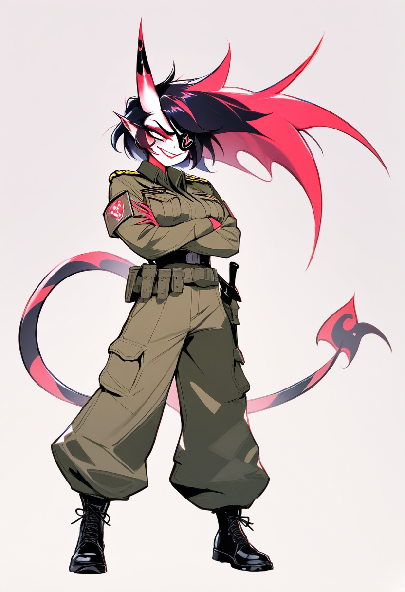 Isang dragon-like imp girl na may pulang balat, maliit na mga sungay, mahabang pulang buhok, itim na studded leather outfit, boots, nag-aapoy na swirl backdrop