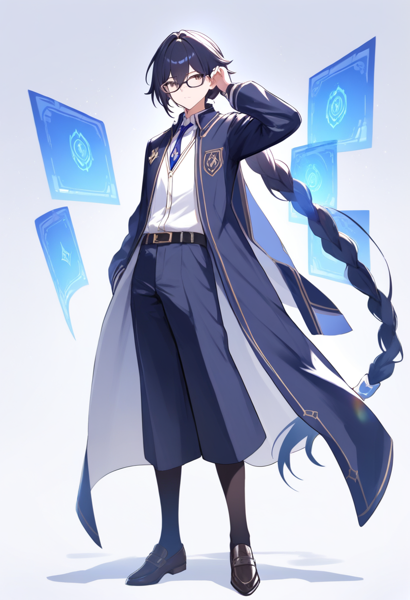 Isang batang lalaki na may mahabang madilim na asul na buhok, itim at kayumangging coat na may pulang accents, humahawak ng malaking pulang crystalline sword, pulang enerhiya na umiikot