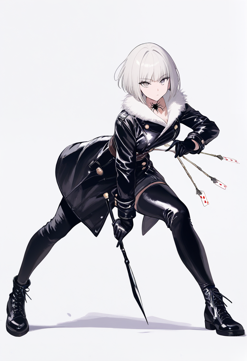 Estilo hunter x hunter, membro da trupe fantasma, bob platinado curto, olhos cinza frios, tatuagem de aranha no pescoço, casaco de couro preto com pele, arma nen conjurada cartas de baralho entre os dedos, pose sinistra elegante