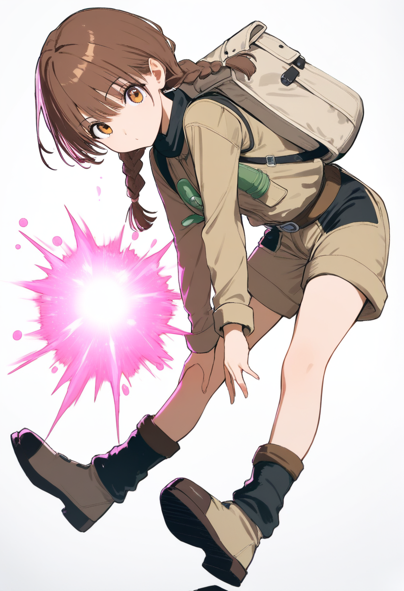 Estilo hunter x hunter, hunter, cabelo castanho em tranças duplas, olhos castanhos calorosos, roupa de aventureira colete cáqui e shorts, esferas de energia rosa nen emissora flutuando ao redor, pose alegre de exploradora com mochila