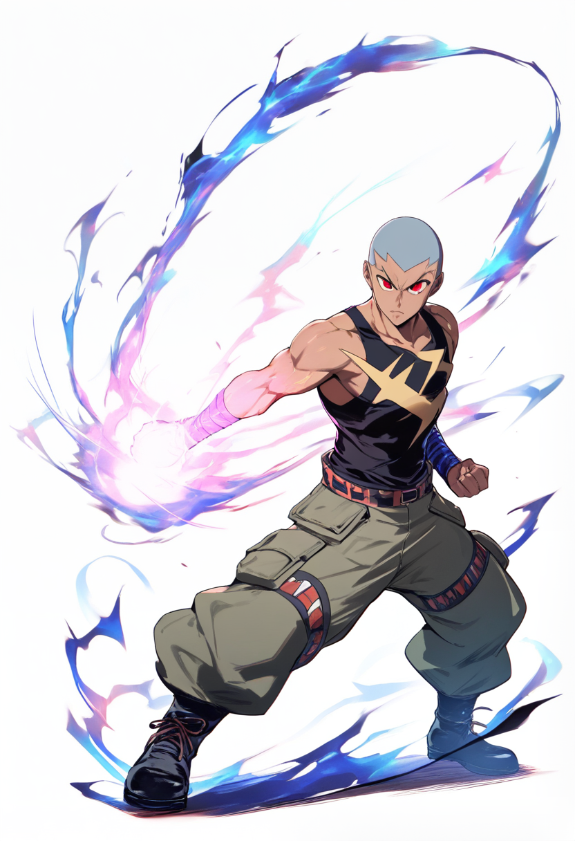 Estilo hunter x hunter, hunter, constituição musculosa, cabeça raspada com padrão de raio, pele escura, olhos vermelhos ferozes, regata preta e calças cargo, aura azul crepitante nen reforçadora, postura de guarda poderosa
