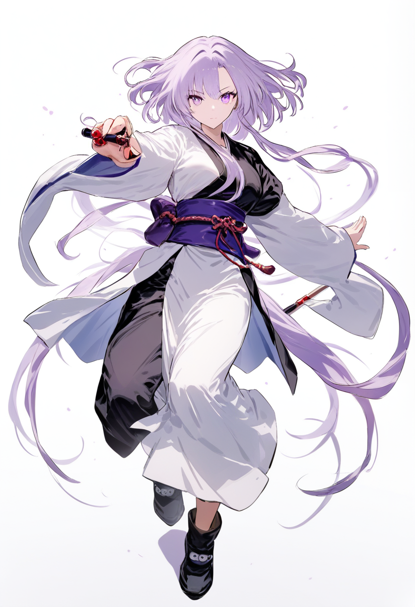 Estilo hunter x hunter, hunter, cabelo lavanda longo fluindo, olhos roxos serenos, kimono tradicional modificado para combate, fios nen manipuladores visíveis entre os dedos, pose controlando marionete