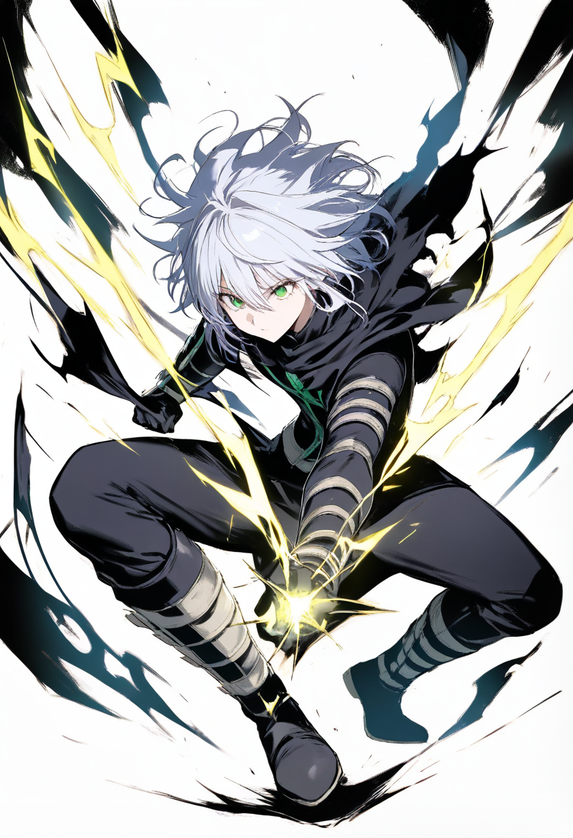 Estilo hunter x hunter, hunter, cabelo prateado bagunçado, olhos verdes travessos, roupa escura de assassino estilo zoldyck, eletricidade nen transmutadora faiscando, pose agachada furtiva