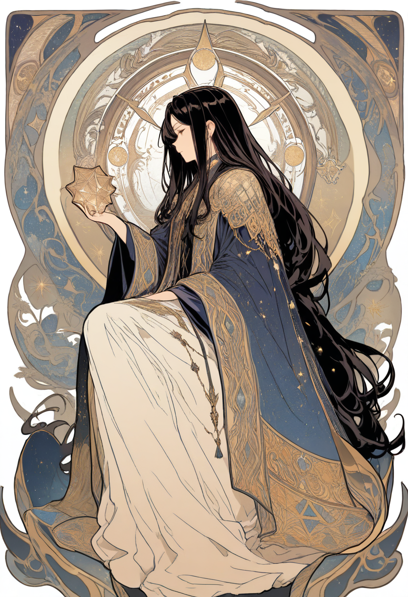 Detailed illustration, art nouveau style, long dark hair, ornate robes, celestial motifs, star map, astrolabe in hand, contemplative pose