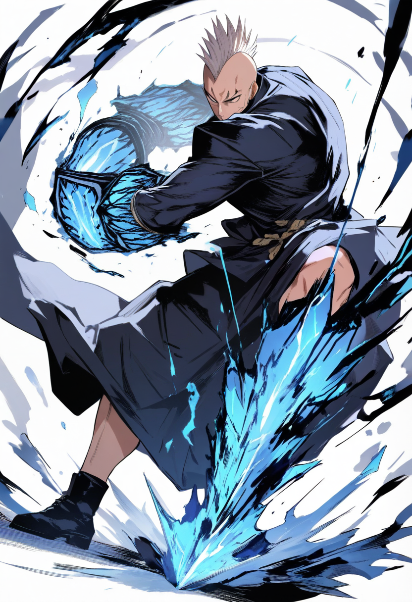 Jujutsu kaisen style, jujutsu sorcerer, tall muscular build, shaved sides with white mohawk, dark brown eyes, black uniform jacket open, cursed energy infused gauntlets on fists, boxing stance, intense focused expression