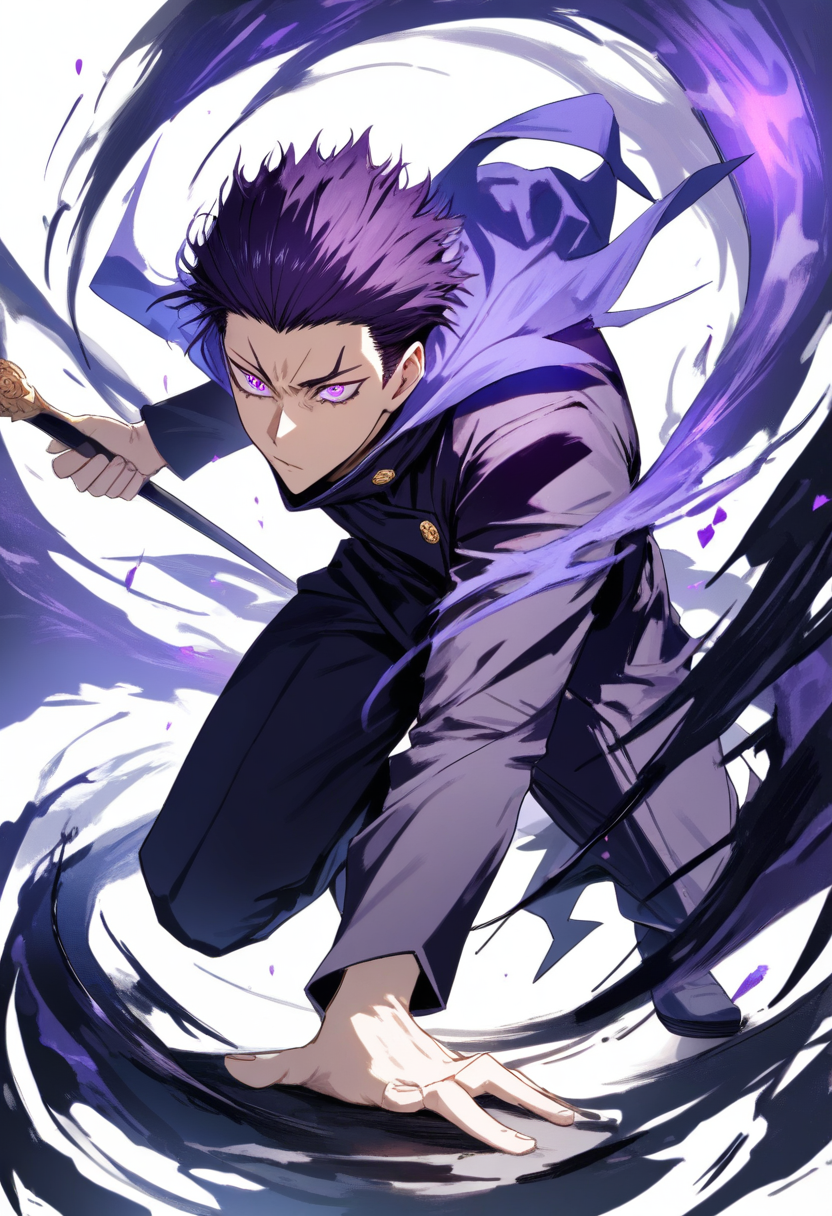 Jujutsu kaisen style, jujutsu sorcerer, slicked back dark purple hair, narrow violet eyes, black high collar uniform buttoned up, shadow manipulation cursed technique with shadows spreading on ground, cool aloof expression