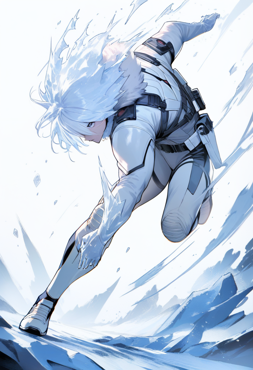 Marvel comics, mutant hero, ice crystals forming on hands, pale blue skin, white frosted hair, blue and white tactical suit, fur lined collar, action pose