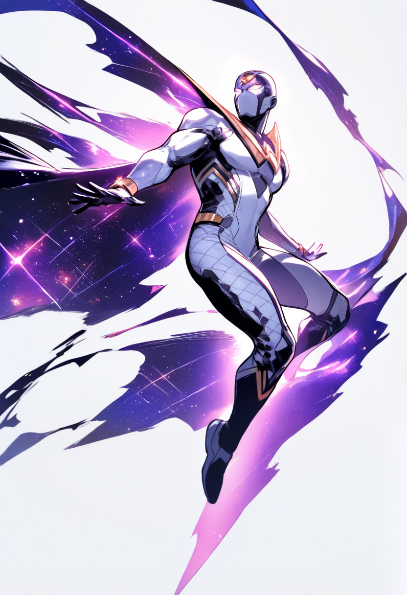 Marvel comics, cosmic hero, starfield pattern skin, glowing white eyes, bald, silver and purple bodysuit, flowing cosmic energy cape, hovering pose