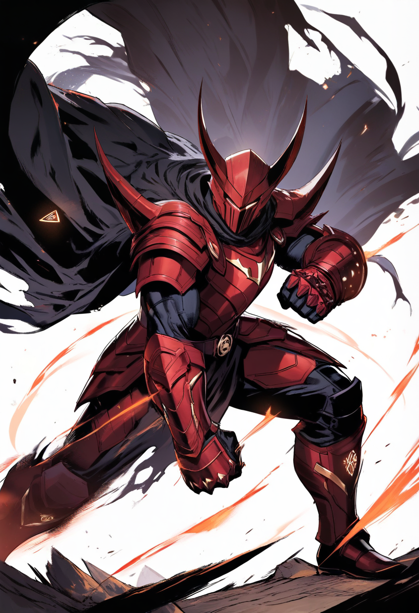 Marvel comics, armored villain, full plate dark red armor, horned helmet, tattered black cape, gauntlets with glowing runes, imposing stance with fists clenched