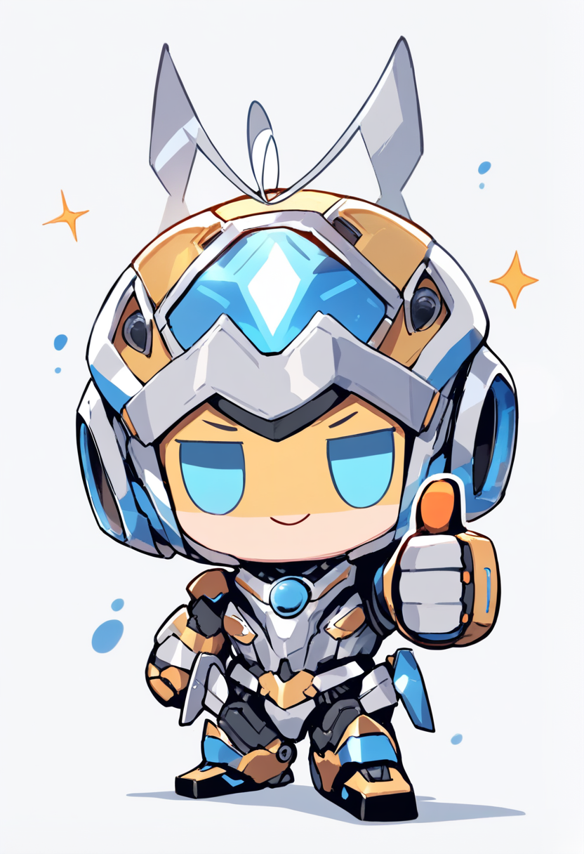 Chibi, Maskottchen-Design, Roboter-Thema, Antenne auf dem Kopf, Visier-Augen, runder Körper, metallisches Silber und Blau, Daumen hoch, freundlicher Ausdruck