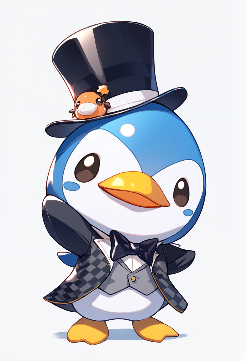Chibi, Maskottchen-Design, Pinguin-Thema, Smoking-Muster, Fliege, Zylinder, winzige Flügel, watschelnde Pose, fröhlich